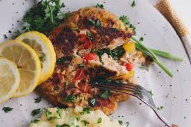 Salmon Cake with Dill Yogurt sauce and veggies GF K